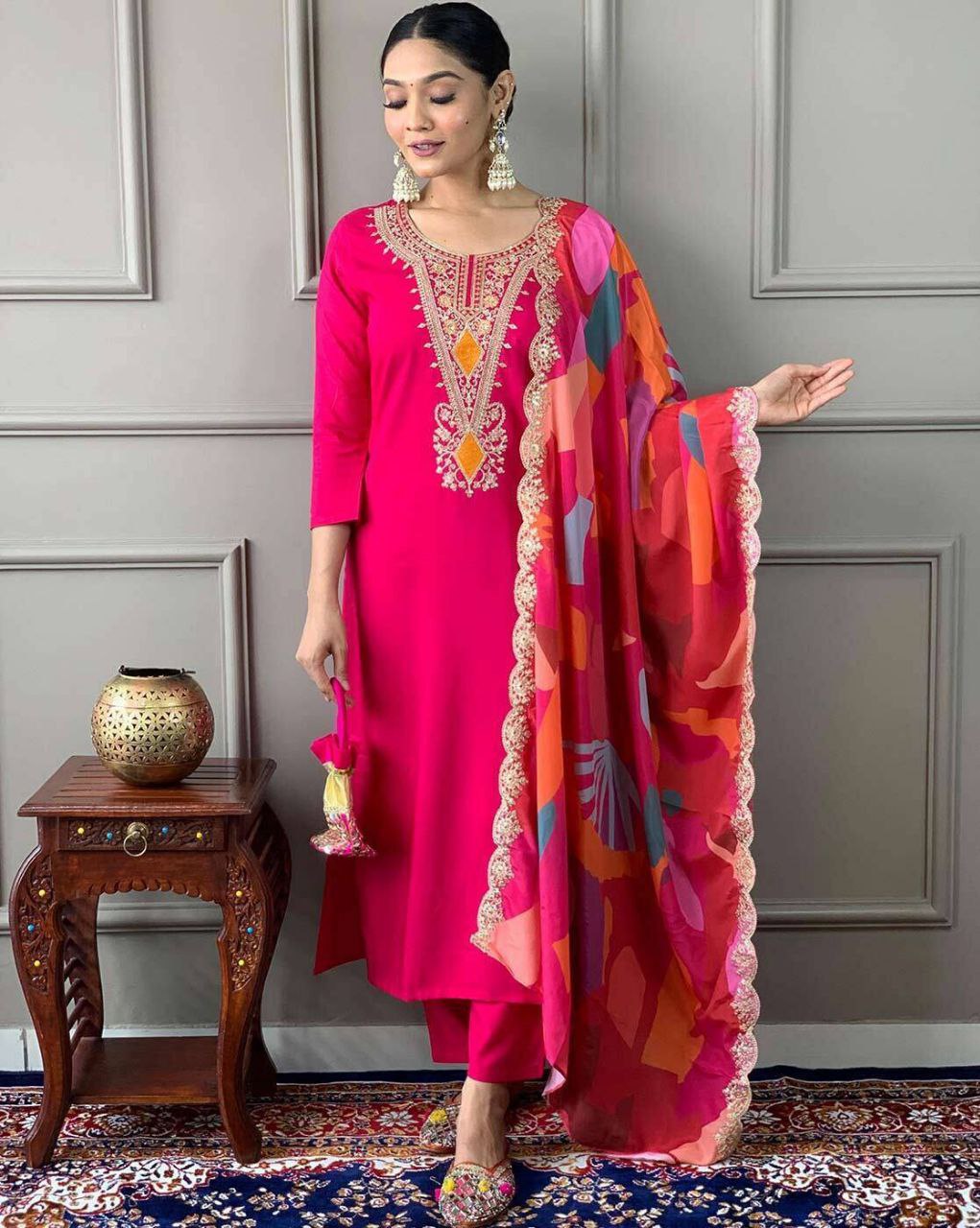 Rose Pink Embroidered Kurta Set with Printed Dupatta