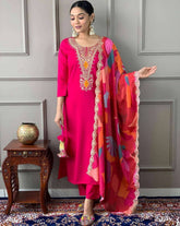 Rose Pink Embroidered Kurta Set with Printed Dupatta