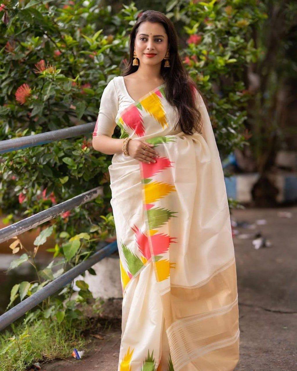 Elegant White Lichi Silk Saree with Multicolor Abstract Floral Print – Perfect for Casual and Festive Occasions