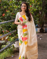 Elegant White Lichi Silk Saree with Multicolor Abstract Floral Print – Perfect for Casual and Festive Occasions