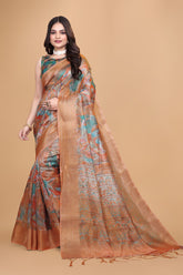 Elegant Printed Silk Saree with Golden Border | Traditional Indian Saree for Weddings & Festivals