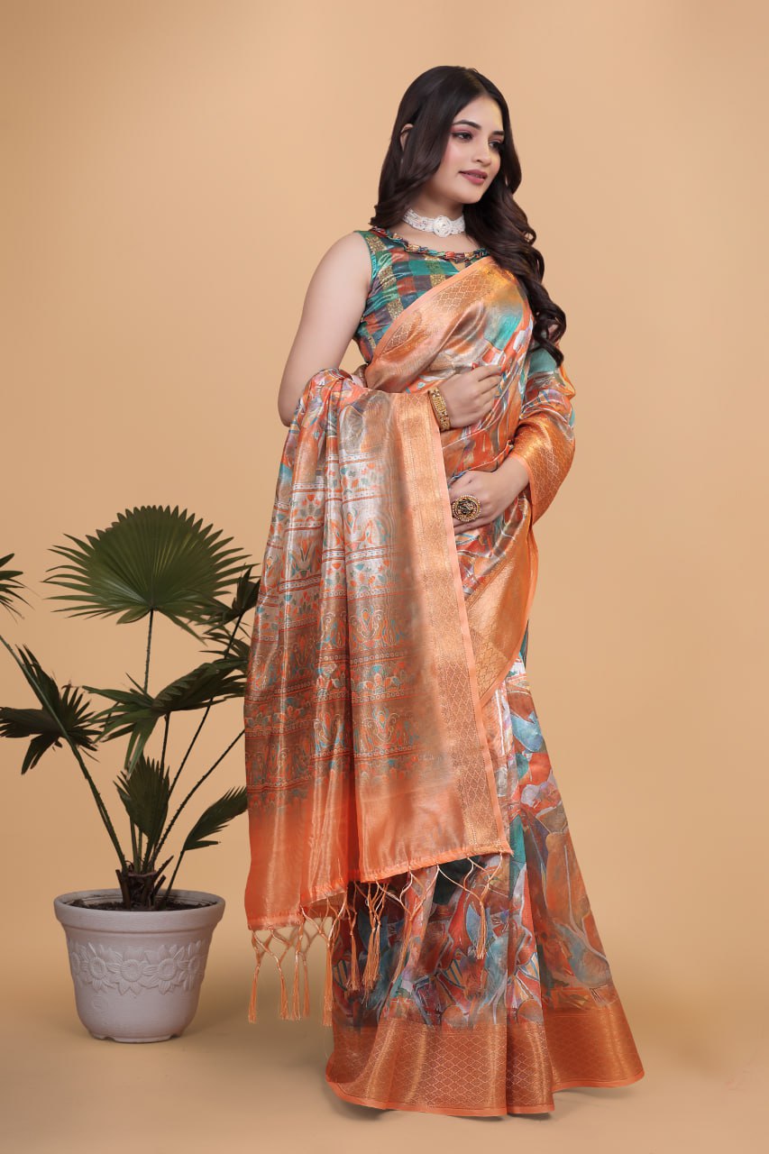 Elegant Printed Silk Saree with Golden Border | Traditional Indian Saree for Weddings & Festivals