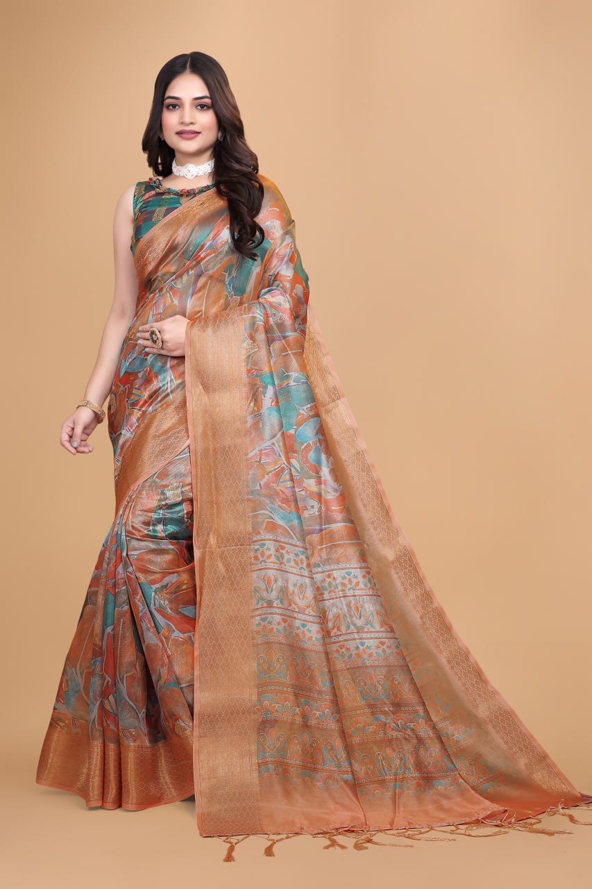 Elegant Printed Silk Saree with Golden Border | Traditional Indian Saree for Weddings & Festivals