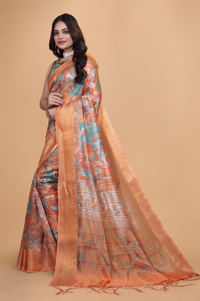 Elegant Printed Silk Saree with Golden Border | Traditional Indian Saree for Weddings & Festivals