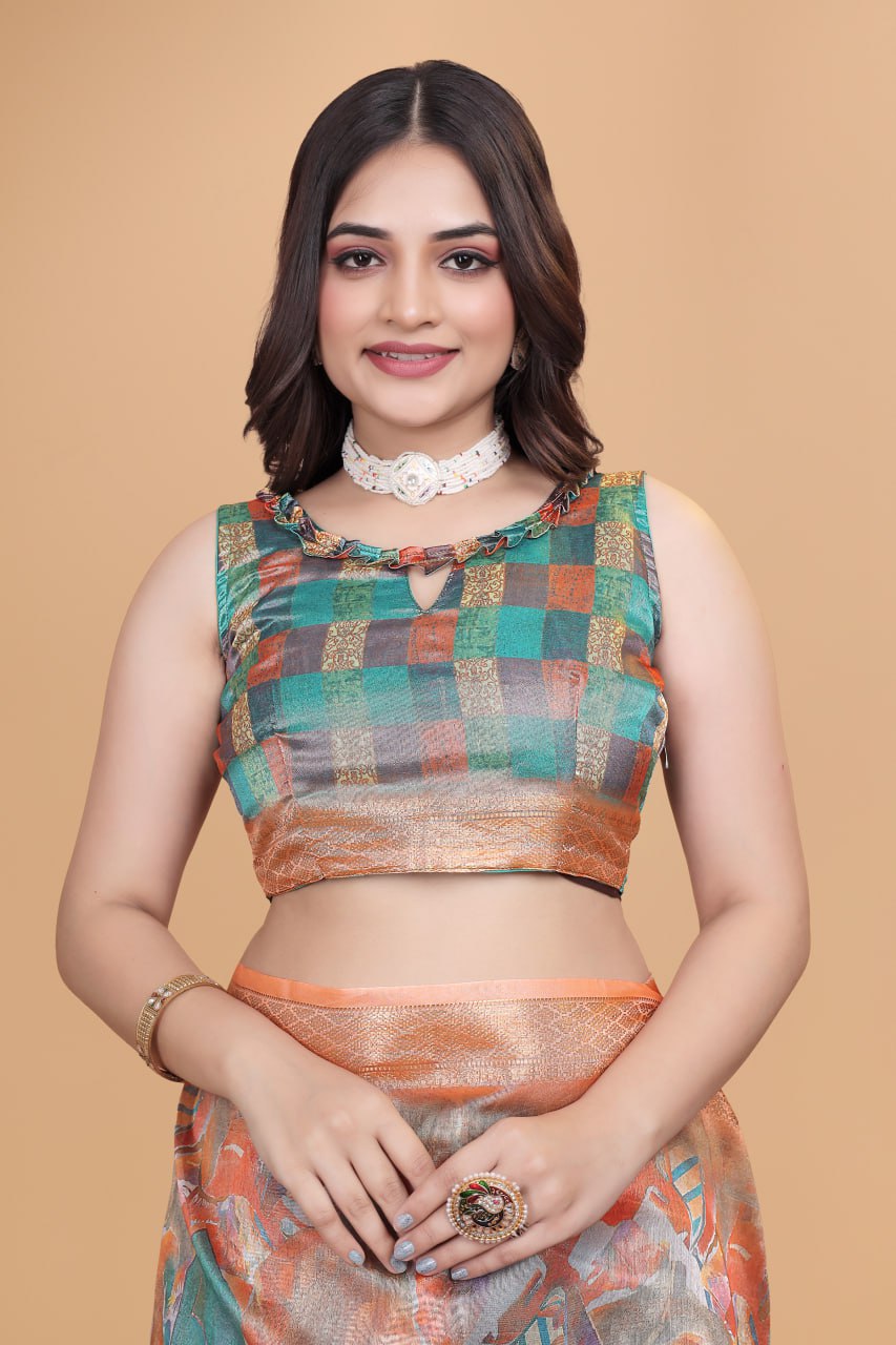 Elegant Printed Silk Saree with Golden Border | Traditional Indian Saree for Weddings & Festivals