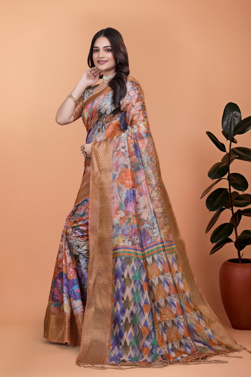 Elegant Printed Silk Saree with Golden Border | Floral & Geometric Design for Weddings & Festive Occasions