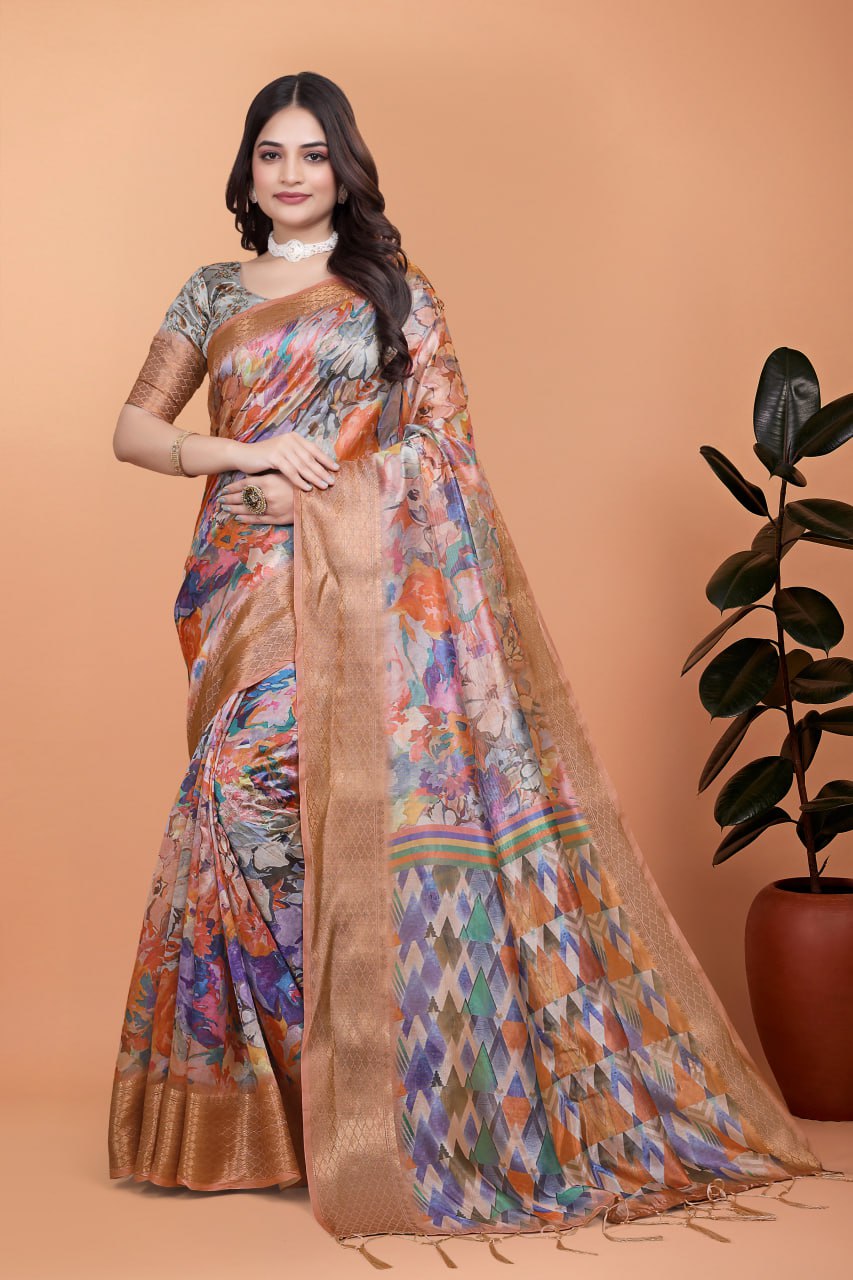 Elegant Printed Silk Saree with Golden Border | Floral & Geometric Design for Weddings & Festive Occasions
