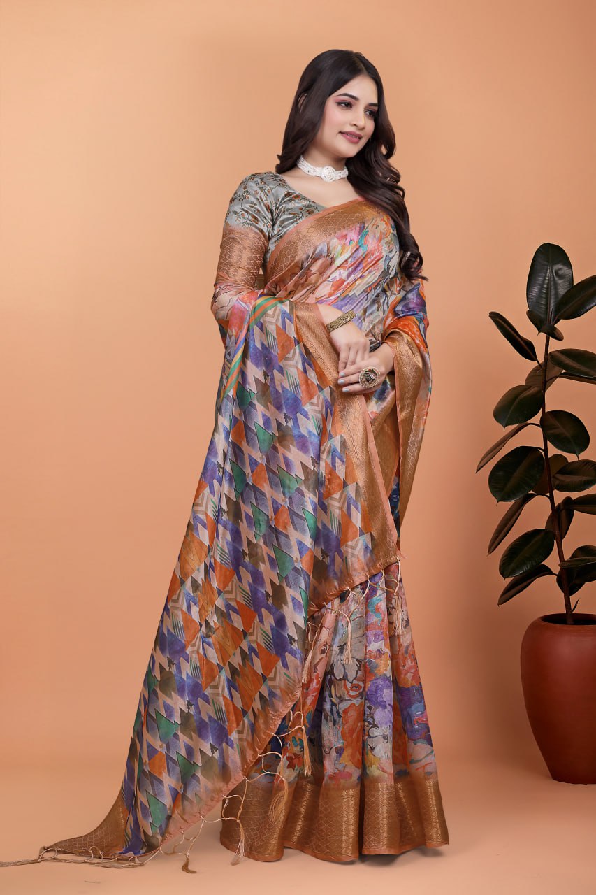 Elegant Printed Silk Saree with Golden Border | Floral & Geometric Design for Weddings & Festive Occasions