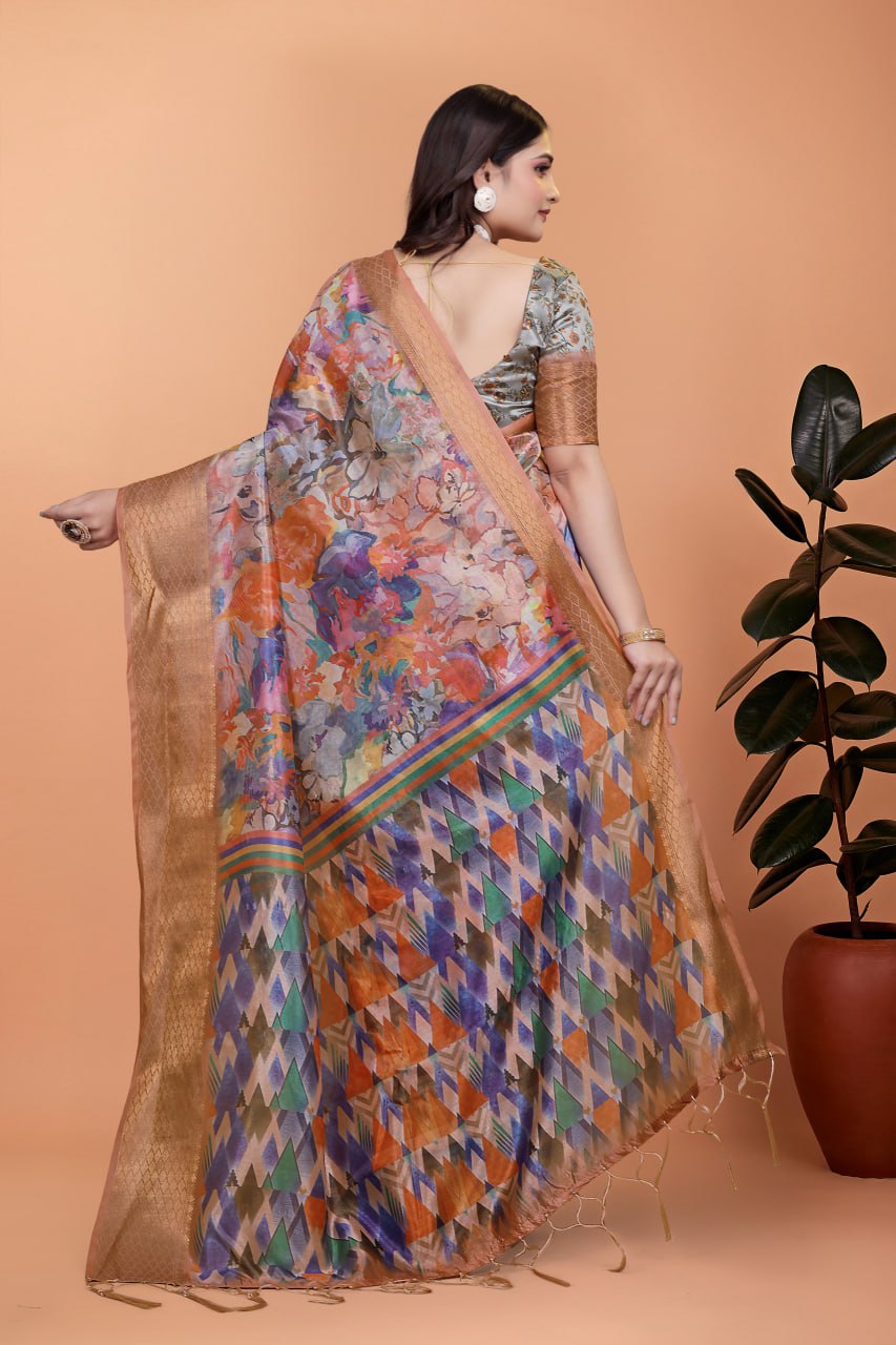 Elegant Printed Silk Saree with Golden Border | Floral & Geometric Design for Weddings & Festive Occasions