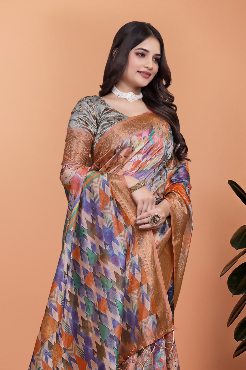 Elegant Printed Silk Saree with Golden Border | Floral & Geometric Design for Weddings & Festive Occasions