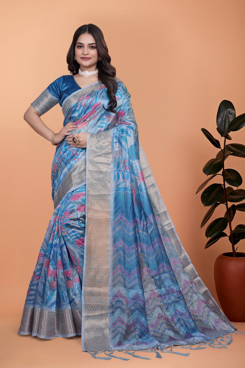 Elegant Blue Printed Silk Saree with Silver Border | Floral & Geometric Design for Weddings & Festive Occasions
