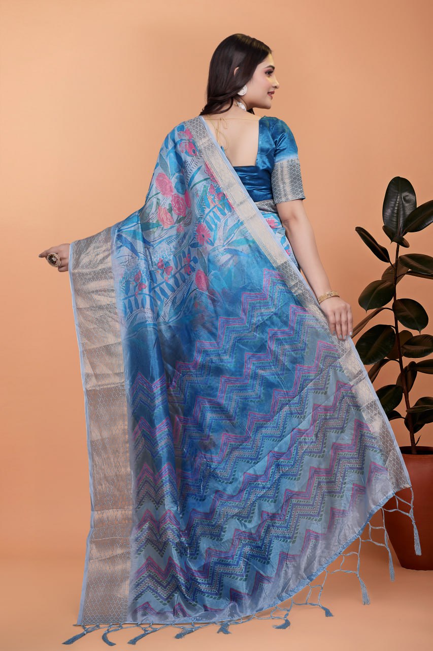 Elegant Blue Printed Silk Saree with Silver Border | Floral & Geometric Design for Weddings & Festive Occasions