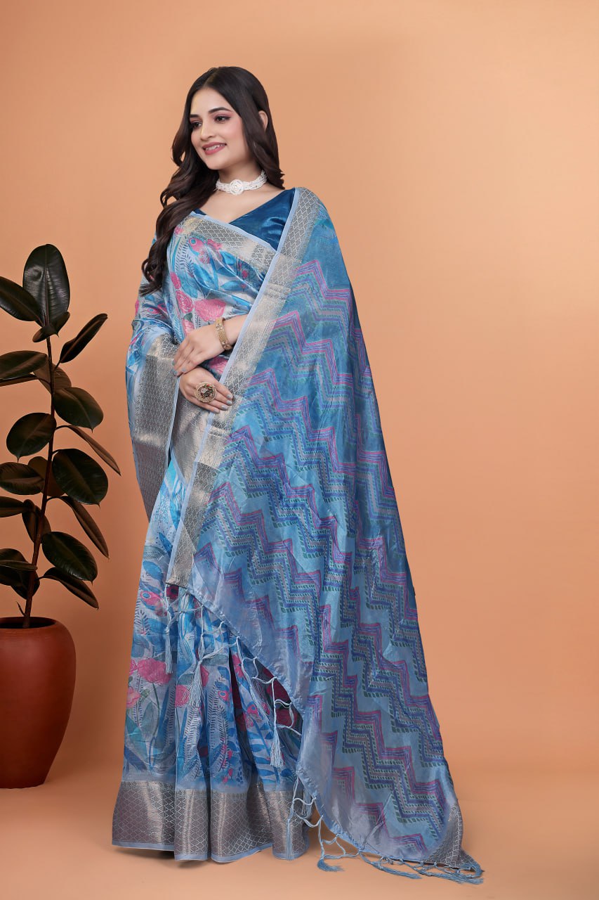 Elegant Blue Printed Silk Saree with Silver Border | Floral & Geometric Design for Weddings & Festive Occasions