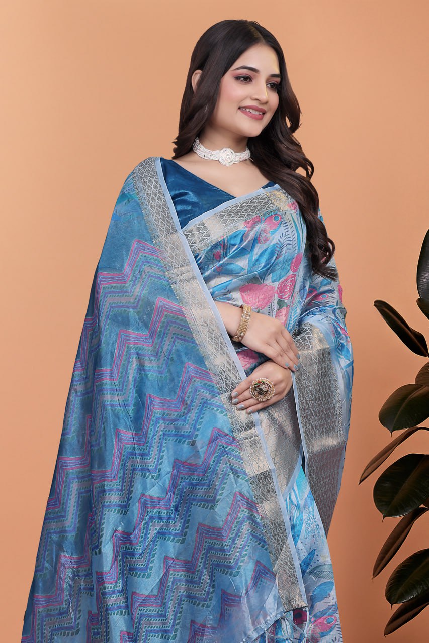 Elegant Blue Printed Silk Saree with Silver Border | Floral & Geometric Design for Weddings & Festive Occasions