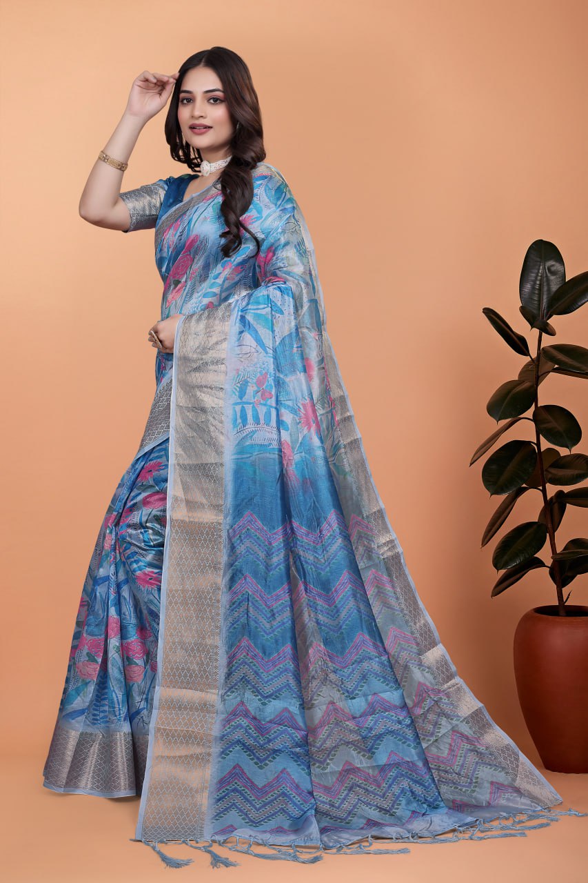 Elegant Blue Printed Silk Saree with Silver Border | Floral & Geometric Design for Weddings & Festive Occasions