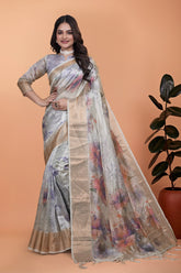 Elegant Beige Soft Silk Saree with Multicolor Floral Print & Golden Zari Border