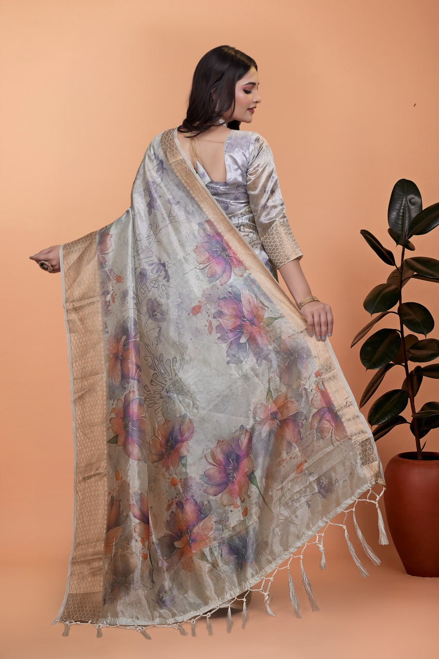 Elegant Beige Soft Silk Saree with Multicolor Floral Print & Golden Zari Border
