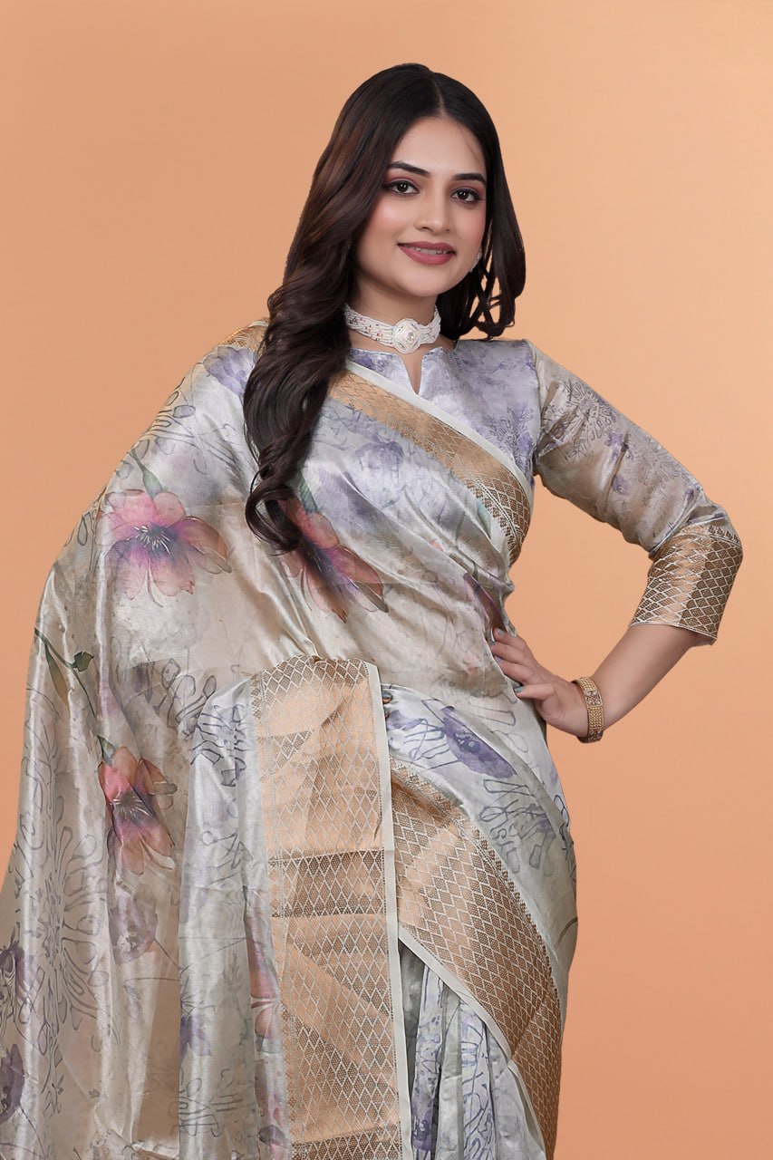 Elegant Beige Soft Silk Saree with Multicolor Floral Print & Golden Zari Border
