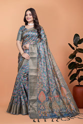 Elegant Floral Printed Silk Saree with Silver Border | Traditional Indian Saree for Weddings & Festive Occasions