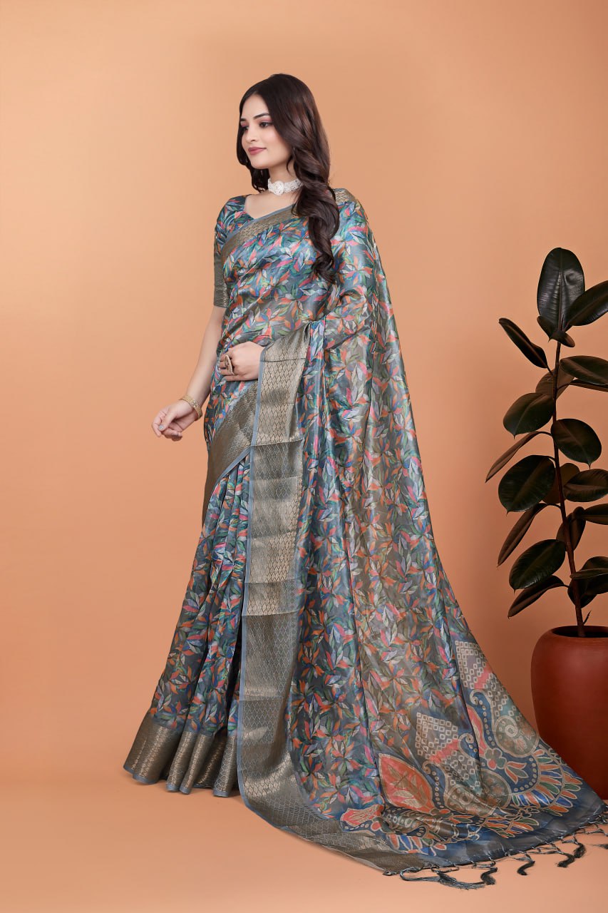 Elegant Floral Printed Silk Saree with Silver Border | Traditional Indian Saree for Weddings & Festive Occasions