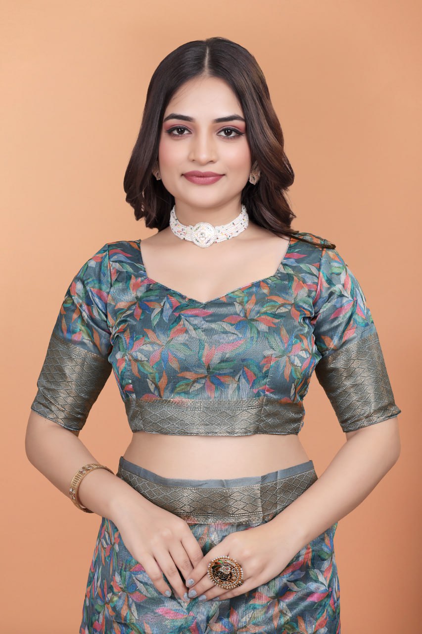 Elegant Floral Printed Silk Saree with Silver Border | Traditional Indian Saree for Weddings & Festive Occasions
