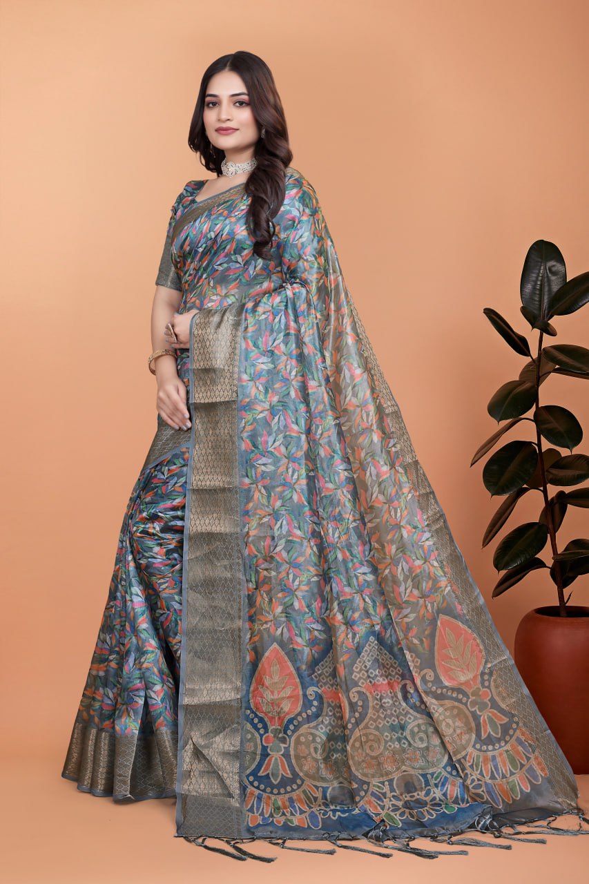 Elegant Floral Printed Silk Saree with Silver Border | Traditional Indian Saree for Weddings & Festive Occasions