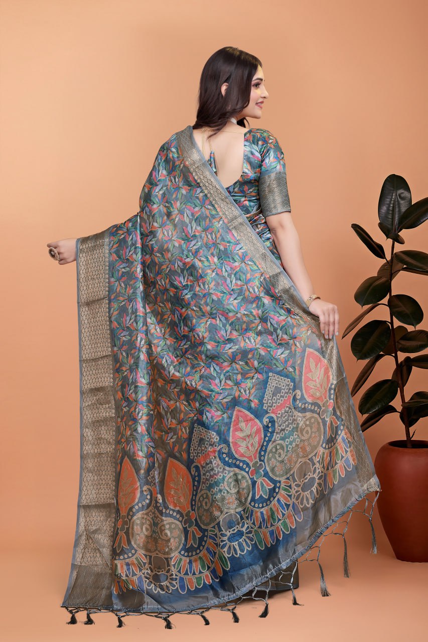 Elegant Floral Printed Silk Saree with Silver Border | Traditional Indian Saree for Weddings & Festive Occasions