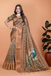 Bronze & Olive Green Soft Silk Saree with Majestic Peacock Pallu