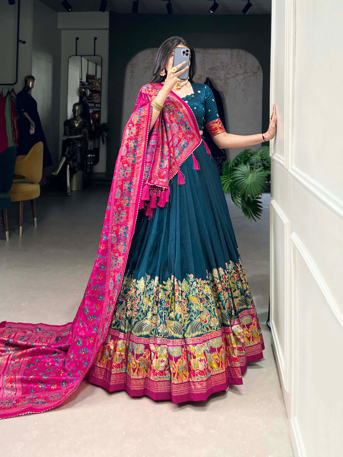 Glamgait Teal Green Printed Lehenga Choli with Pink Banarasi Dupatta