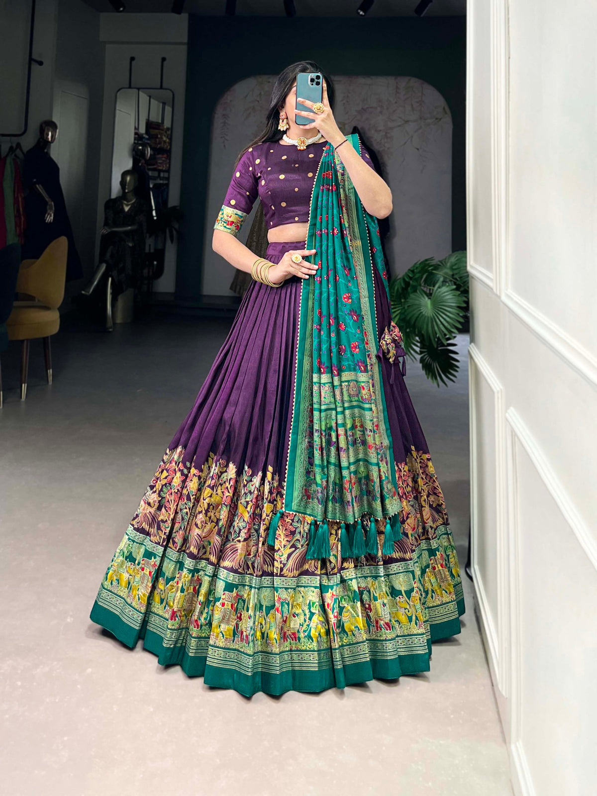 Glamgait Purple Printed Lehenga Choli with Green Banarasi Dupatta