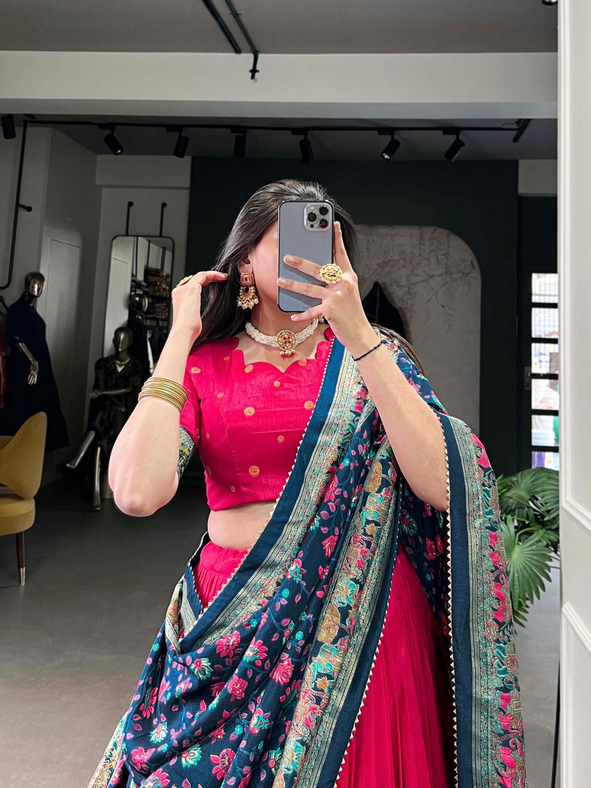 Glamgait Rani Pink Floral Lehenga Choli with Teal Banarasi Dupatta