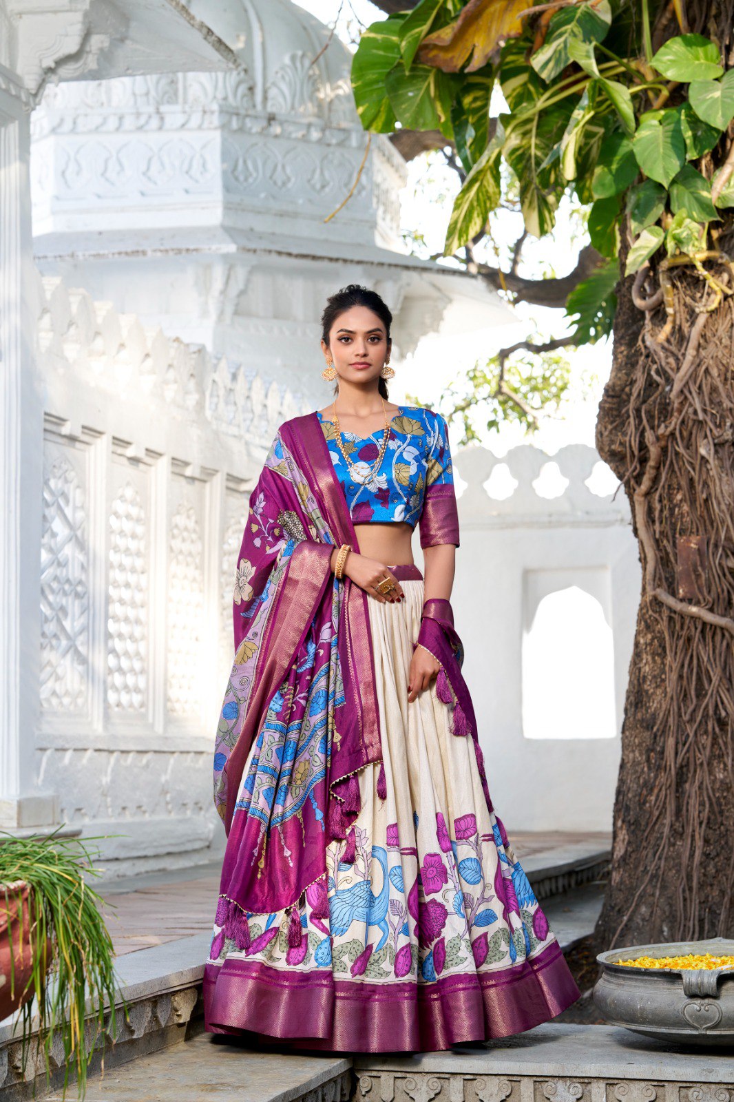 Glamgait Cream Floral Lehenga Choli with Magenta Silk Dupatta & Blue Designer Blouse