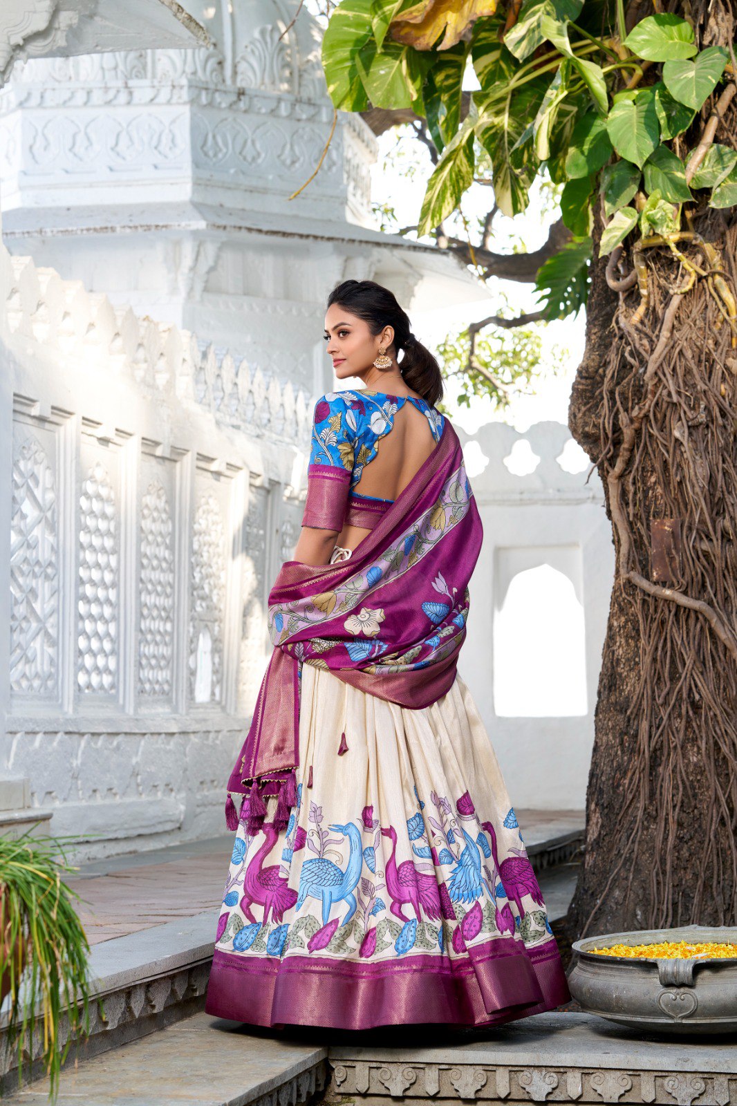 Glamgait Cream Floral Lehenga Choli with Magenta Silk Dupatta & Blue Designer Blouse