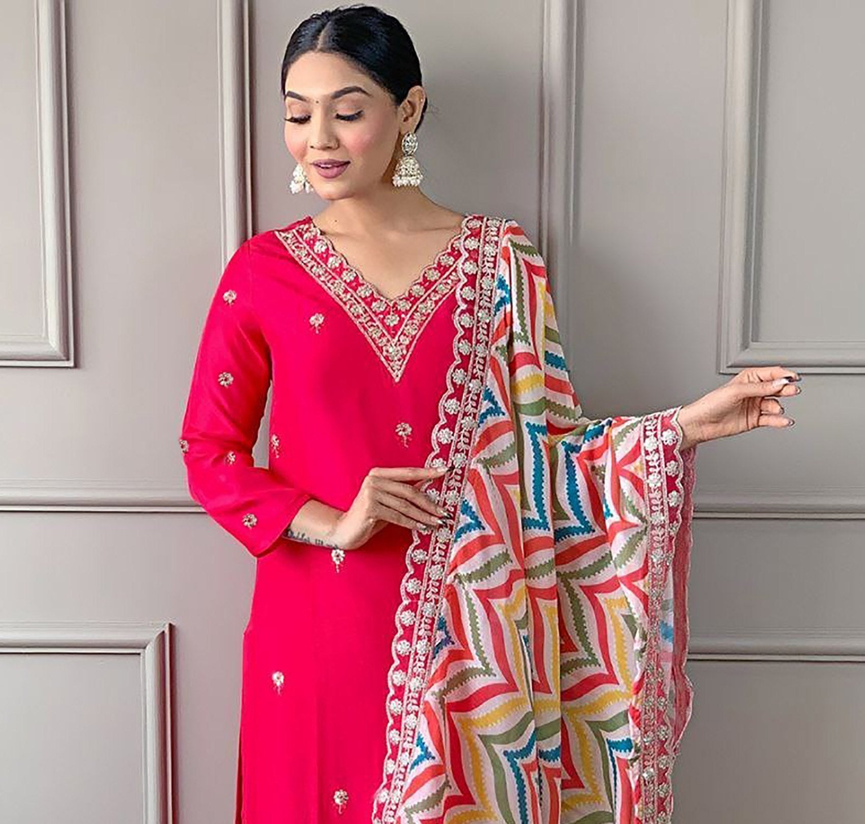 Festive Pink Embroidered Kurta Set with Multicolor Zigzag Dupatta for Women