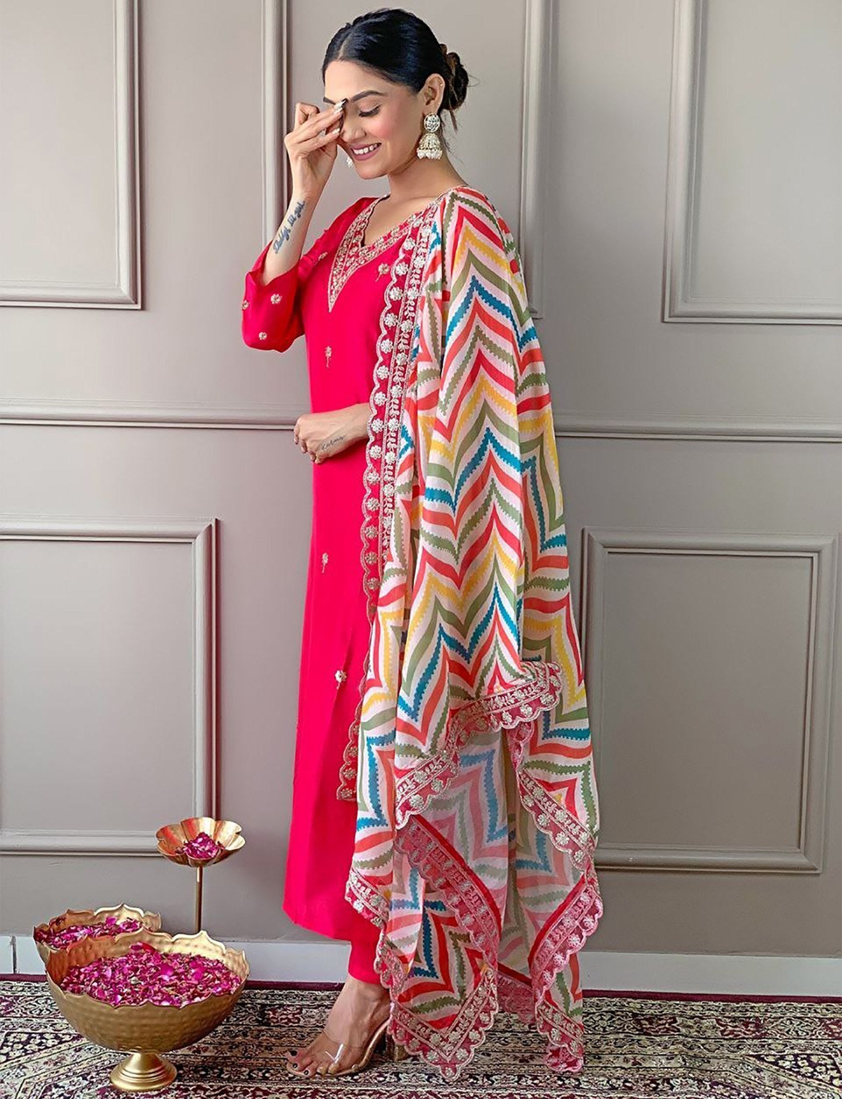 Festive Pink Embroidered Kurta Set with Multicolor Zigzag Dupatta for Women
