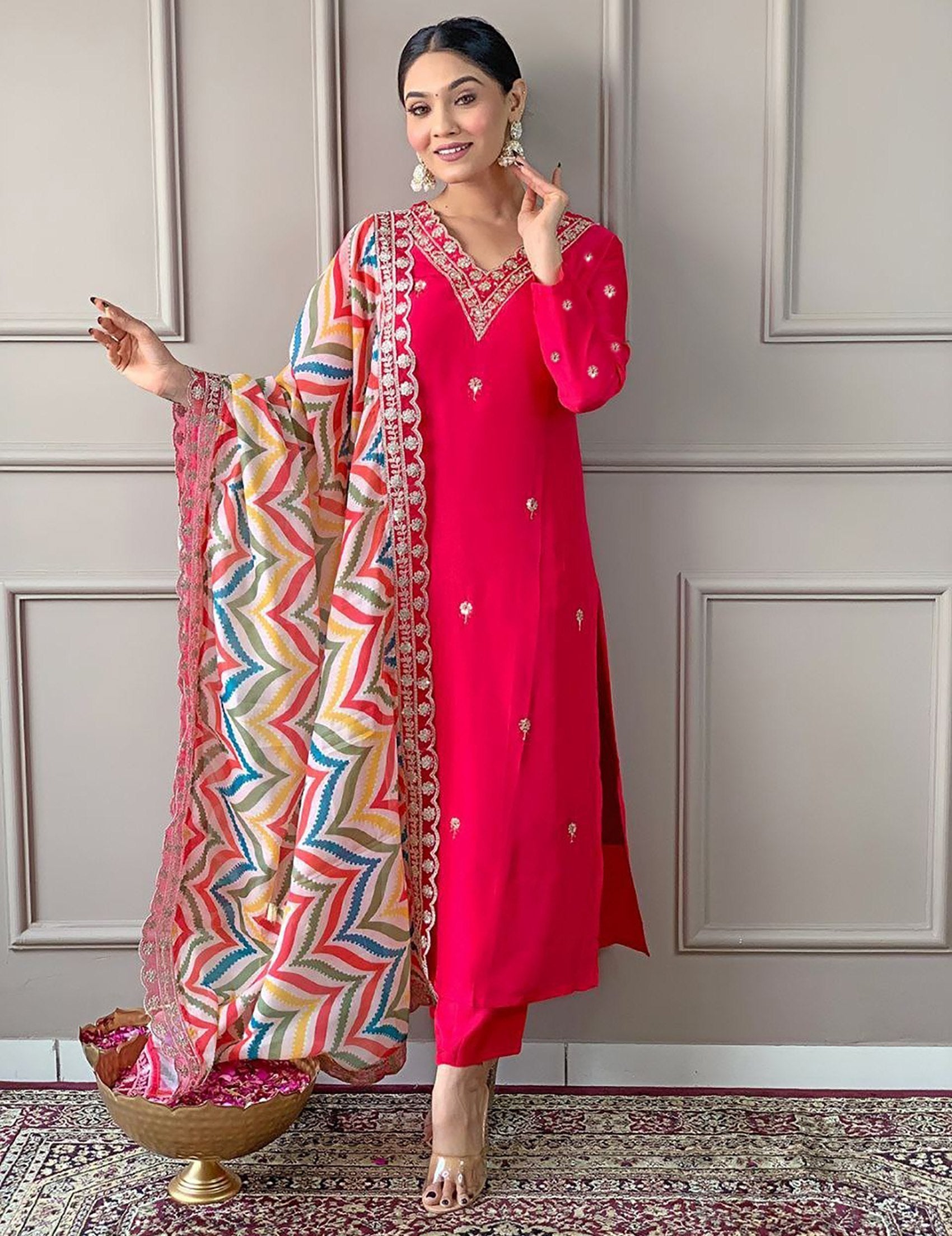 Festive Pink Embroidered Kurta Set with Multicolor Zigzag Dupatta for Women