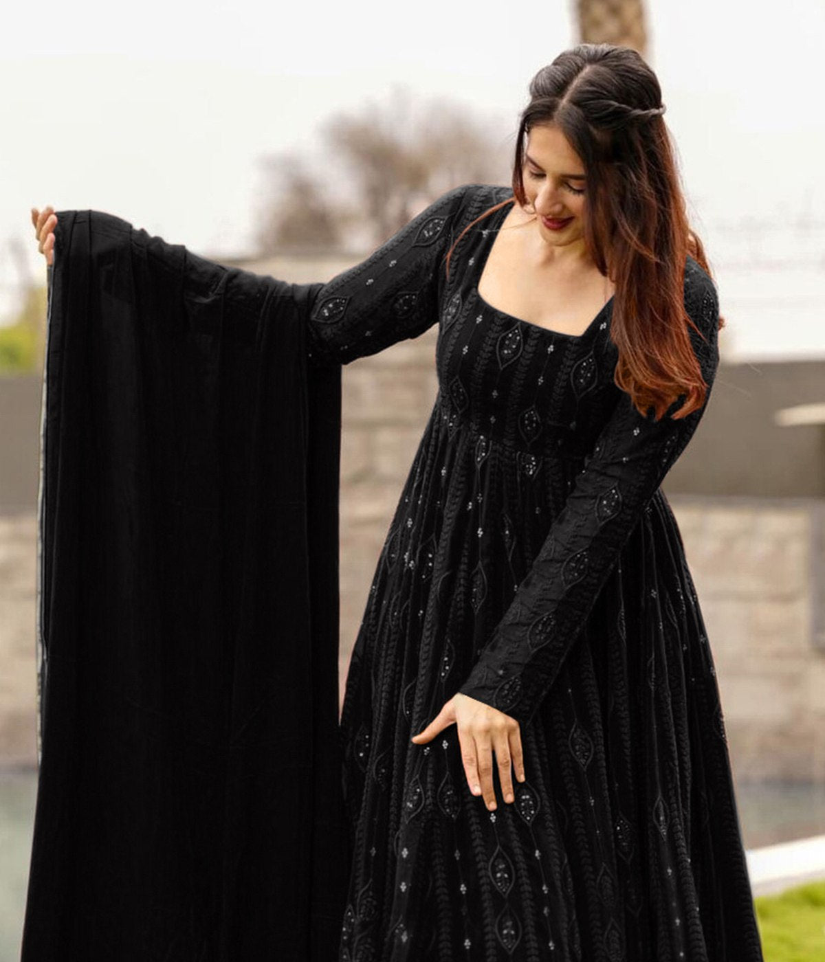 Elegant Black Embroidered Anarkali Gown with Dupatta