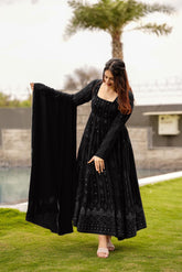 Elegant Black Embroidered Anarkali Gown with Dupatta