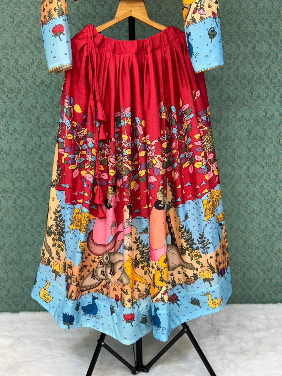 Royal Red Hand-Painted Kalamkari Lehenga Set with Blue Floral Dupatta – Festive Ethnic Wear for Women