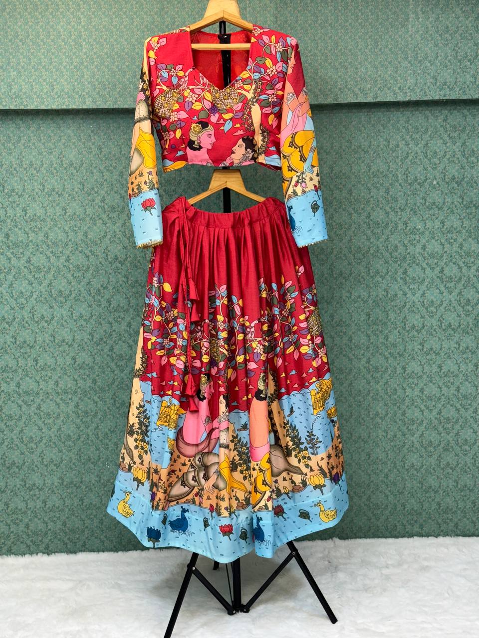 Royal Red Hand-Painted Kalamkari Lehenga Set with Blue Floral Dupatta – Festive Ethnic Wear for Women