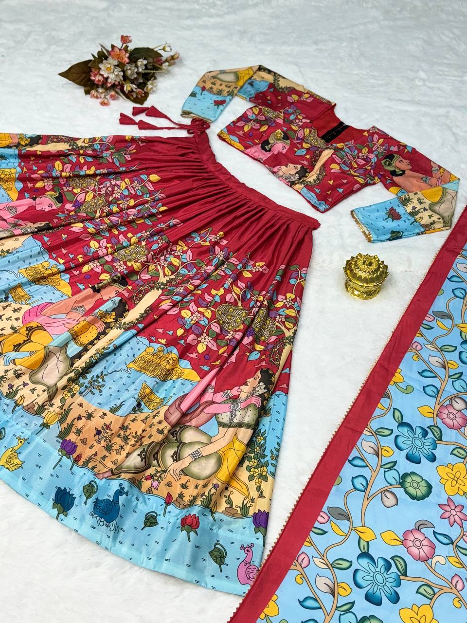 Royal Red Hand-Painted Kalamkari Lehenga Set with Blue Floral Dupatta – Festive Ethnic Wear for Women