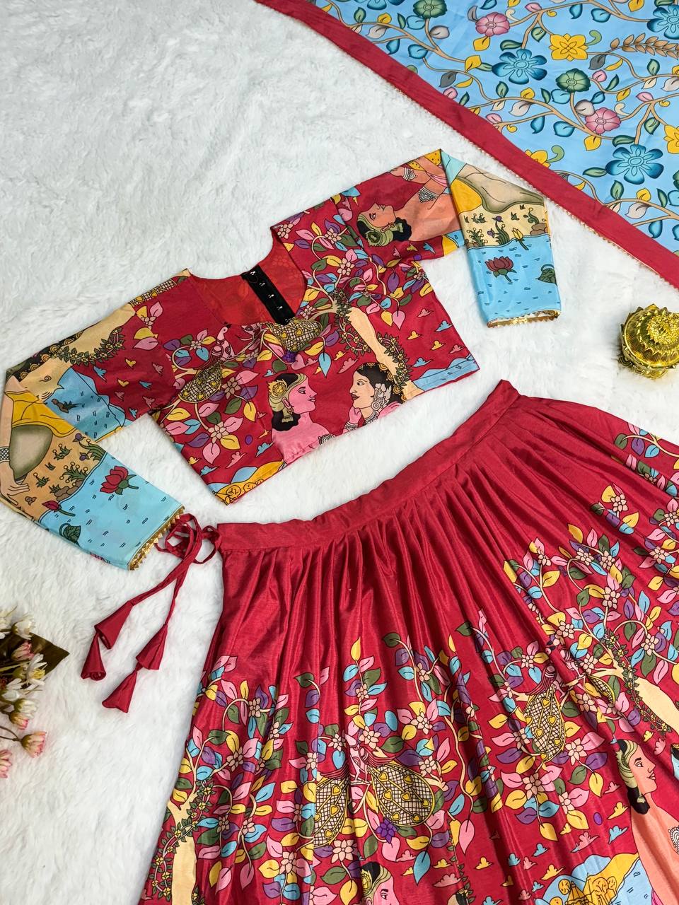 Royal Red Hand-Painted Kalamkari Lehenga Set with Blue Floral Dupatta – Festive Ethnic Wear for Women