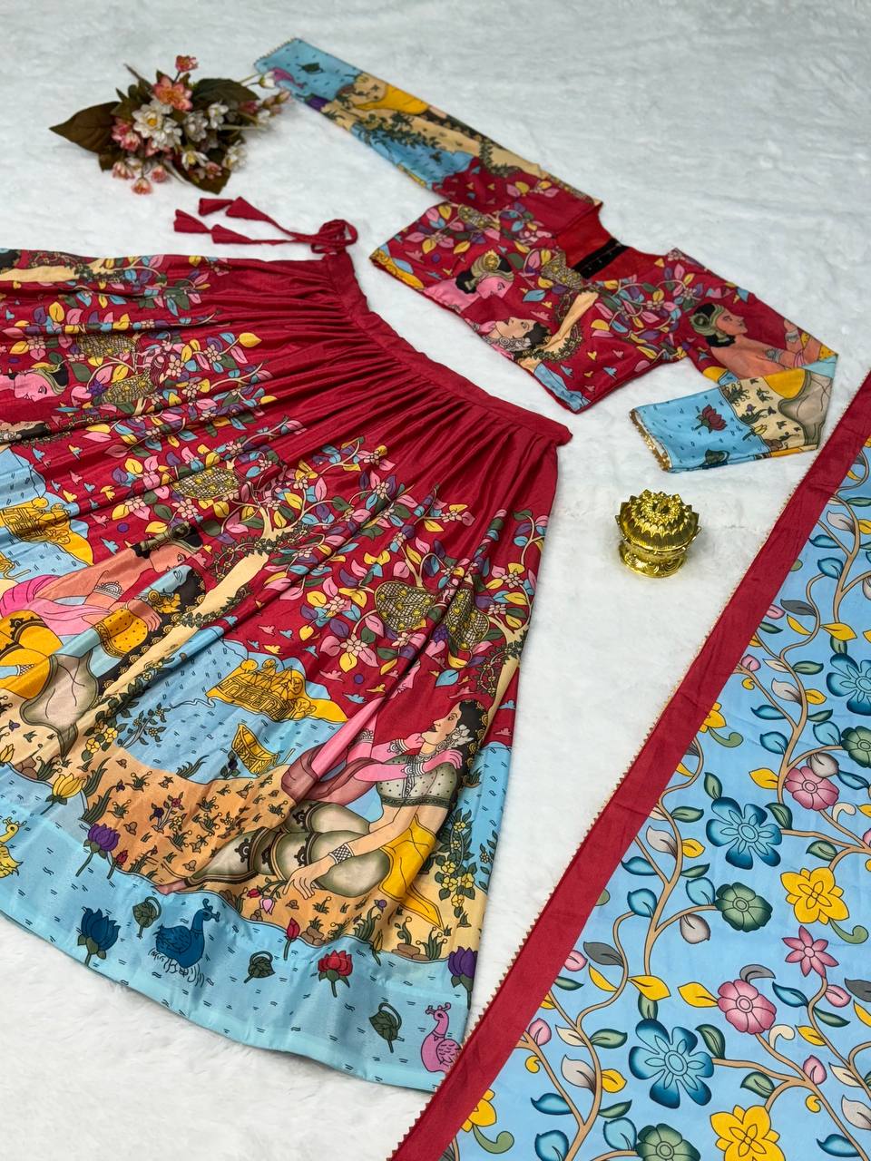 Royal Red Hand-Painted Kalamkari Lehenga Set with Blue Floral Dupatta – Festive Ethnic Wear for Women