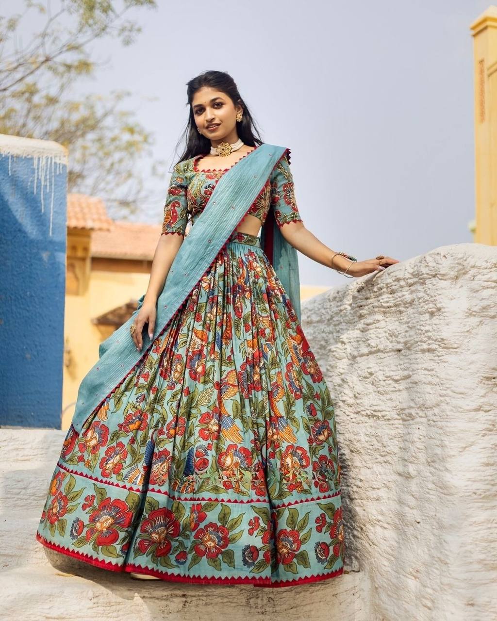 Elegant Aqua Blue Handblock Floral Print Lehenga Set for Women – Ethnic Festive Wear