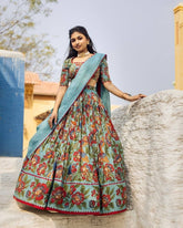 Elegant Aqua Blue Handblock Floral Print Lehenga Set for Women – Ethnic Festive Wear