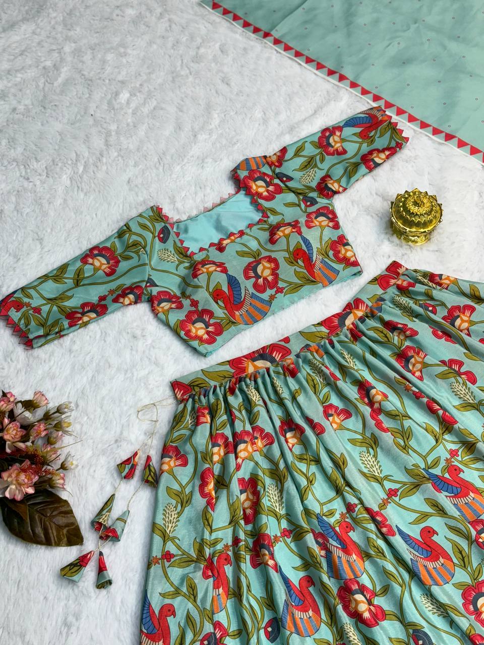 Elegant Aqua Blue Handblock Floral Print Lehenga Set for Women – Ethnic Festive Wear