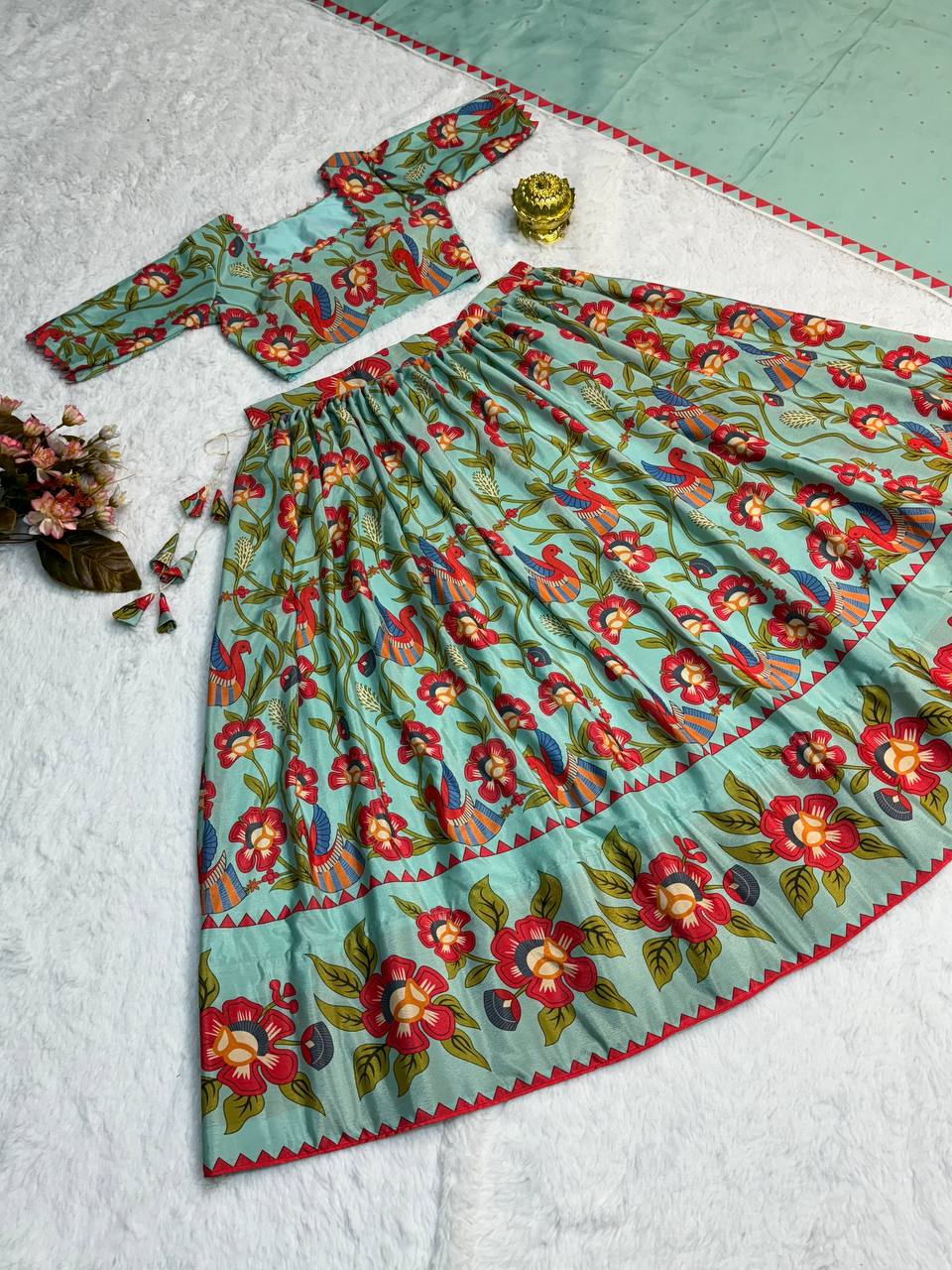 Elegant Aqua Blue Handblock Floral Print Lehenga Set for Women – Ethnic Festive Wear