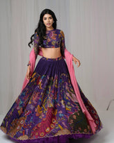Hand-Painted Peacock Motif Purple Lehenga Set – Artistic Ethnic Wear with Pink Dupatta | Festive & Designer Look