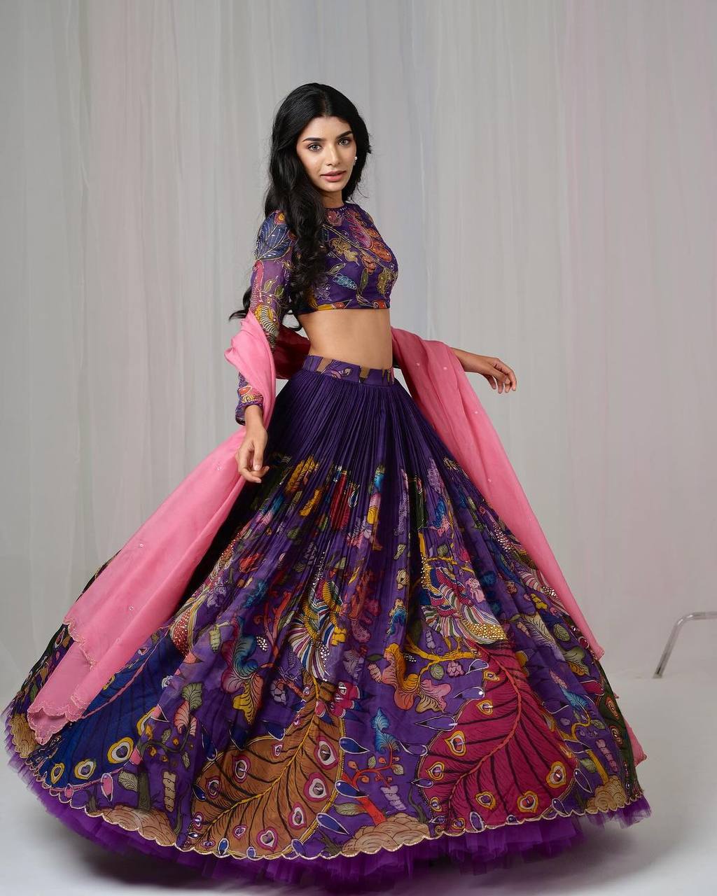 Hand-Painted Peacock Motif Purple Lehenga Set – Artistic Ethnic Wear with Pink Dupatta | Festive & Designer Look