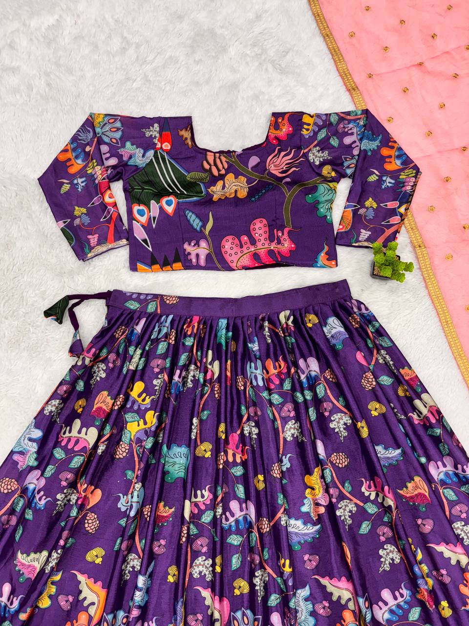 Hand-Painted Peacock Motif Purple Lehenga Set – Artistic Ethnic Wear with Pink Dupatta | Festive & Designer Look
